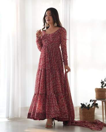 Liberty Layered Maroon Digital Printed Georgette Anarkali Gown  Gown