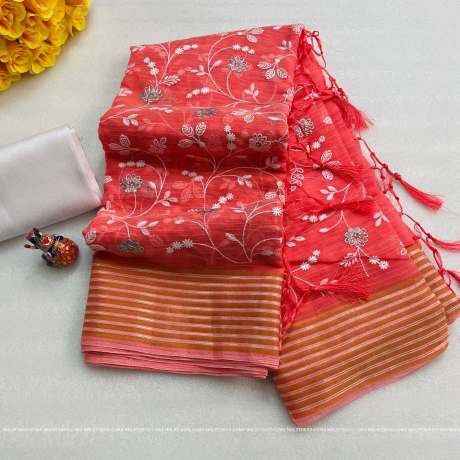  Linen Handloom Peach Weaving With ChikanKari Work Saree  Cotton Saree