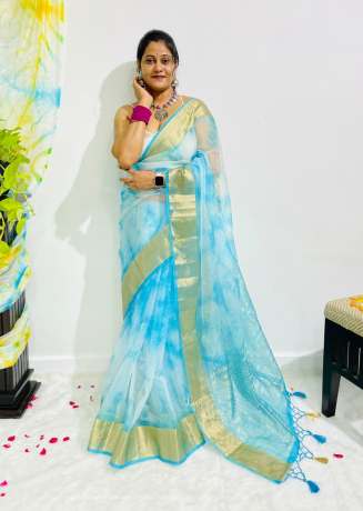 New Contrast Color Pure Organza Silk Light Blue Saree  Organza Saree