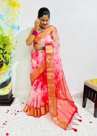 New Contrast Color Pure Organza Silk Pink Saree  Organza Saree