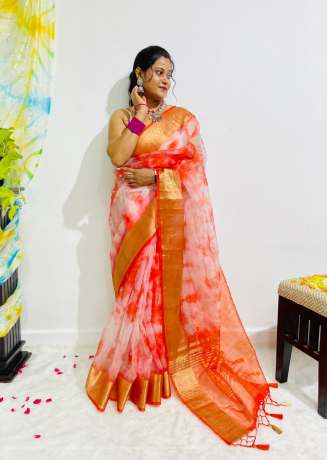 New Contrast Color Pure Organza Silk Red Saree  Organza Saree