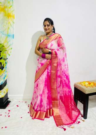 New Contrast Color Pure Organza Silk Rani Pink Saree  Organza Saree