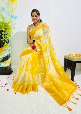 New Contrast Color Pure Organza Silk Yellow Saree  Organza Saree