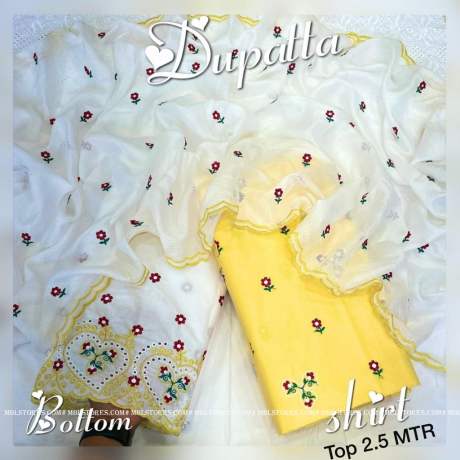 New arrival of light yellow pure cotton dress material  with thread work  Ethnic Wear 