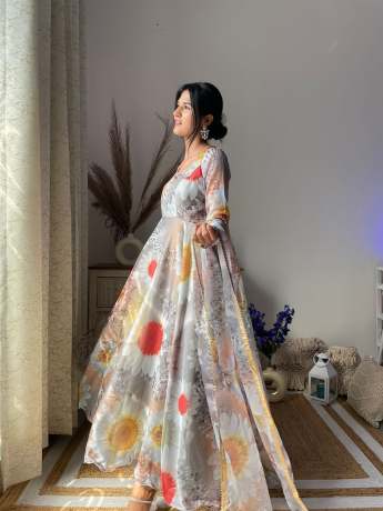 Opulent Grey Vintage Digital Printed Pure Organza Gown   Ethnic Wear 