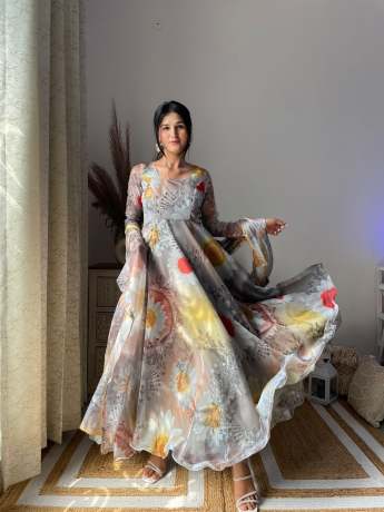 Opulent Grey Vintage Digital Printed Pure Organza Gown   Gown