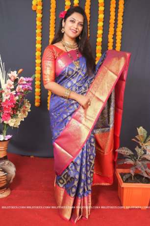 Pattu Weaving Golden Zari Indigo Silk Saree Banarasi Silk