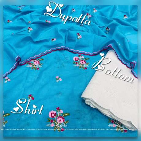 Popular Blue Floral embroidery worked dress material  