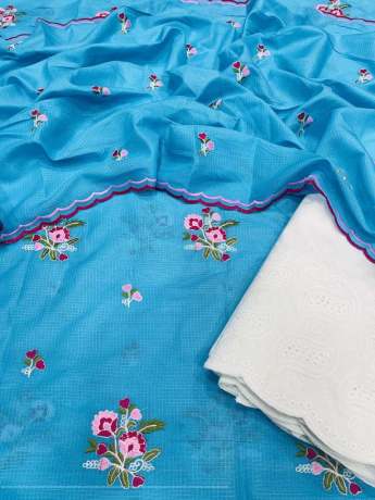 Popular Blue Floral embroidery worked dress material   Cotton Dress