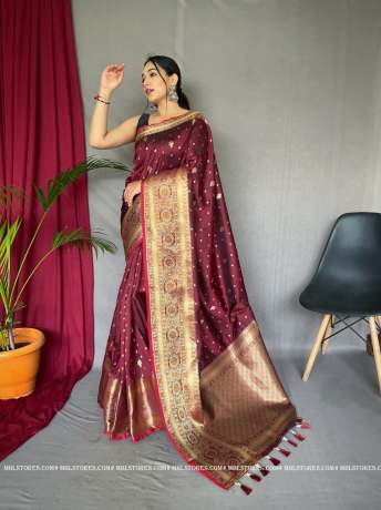 Pure Soft Silver Zari Weaved Border Maroon  Silk Saree  