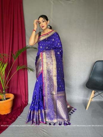 Pure Soft Silver Zari Weaved Border Indigo Silk Saree  Sarees