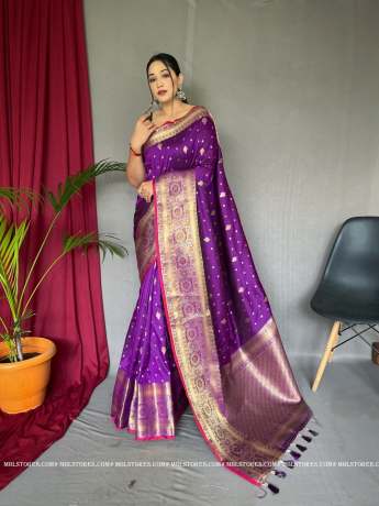 Pure Soft Silver Zari Weaved Border Purple Silk Saree  Sarees