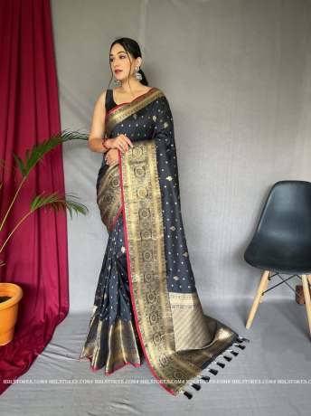 Pure Soft Silver Zari Weaved Border Black Silk Saree  Sarees