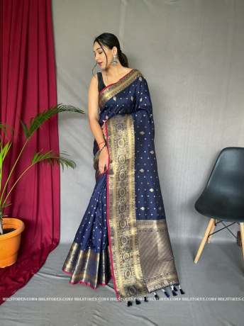 Pure Soft Silver Zari Weaved Border Navy Blue Silk Saree  Sarees