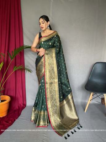 Pure Soft Silver Zari Weaved Border Forest Green  Silk Saree  Sarees