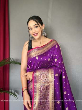 Pure Soft Silver Zari Weaved Border Purple Silk Saree  Banarasi Silk