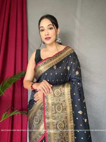 Pure Soft Silver Zari Weaved Border Black Silk Saree  Banarasi Silk