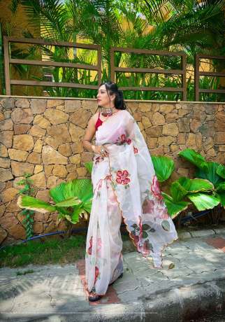  Sequence Work And Printed Flower Off White Pure Organza Saree  Sarees