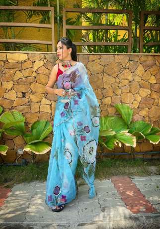  Sequence Work And Printed Flower Blue Pure Organza Saree  Sarees