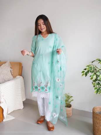 Sky Color Cotton Chikankari Kurtis Pant  kurti plazo  