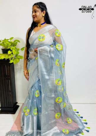 Spotted Silver Zari and Heavy Embroidery Work Teal Organza Saree  Organza Saree