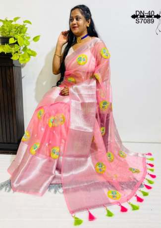 Spotted Silver Zari and Heavy Embroidery Work Pink Organza Saree  Organza Saree