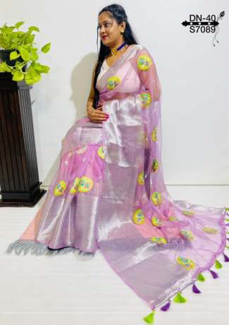 Spotted Silver Zari and Heavy Embroidery Work Lavender  Organza Saree  Organza Saree