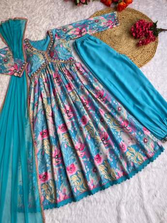 Trending Blue Color Handmade Pure Maslin Anarkali  Gown