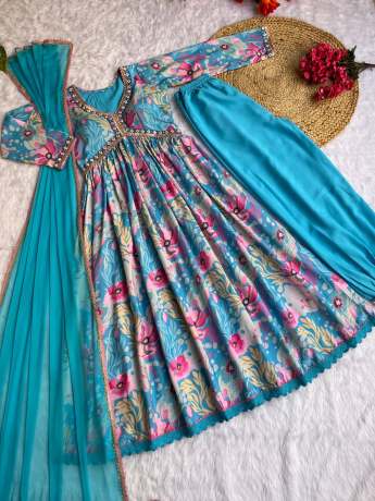 Trending Blue Color Handmade Pure Maslin Anarkali  Gown