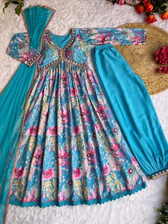 Trending Blue Color Handmade Pure Maslin Anarkali  Gown