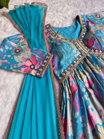 Trending Blue Color Handmade Pure Maslin Anarkali  Gown