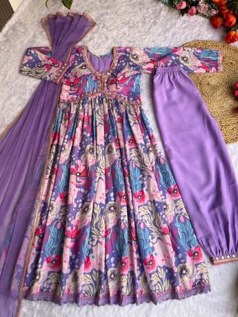 Trending Mauve Color Handmade Pure Maslin Anarkali  Gown