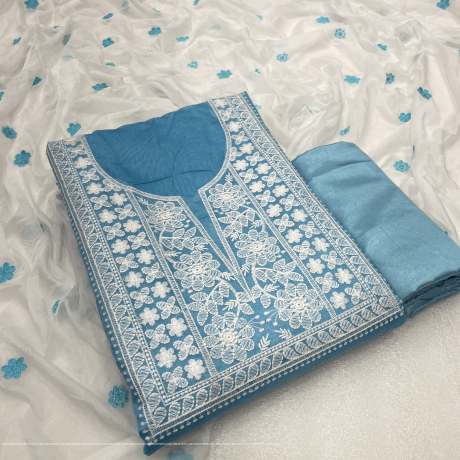 Unstitched Blue Salwar Suit Material with heavy Embroidery work  Ethnic Wear 