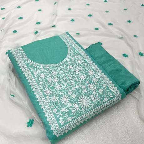 Unstitched C  Green Embroidery Worked Dress Material   Cotton Dress