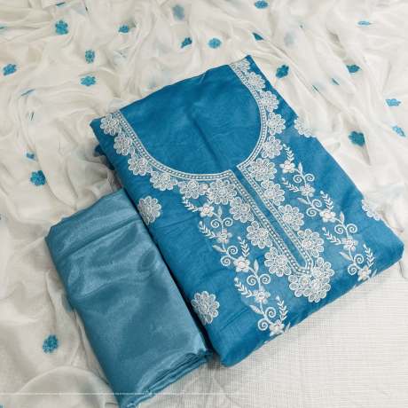 Unstitched Chanderi Blue Embroidered Worked Salwar Suit Material  Ethnic Wear 