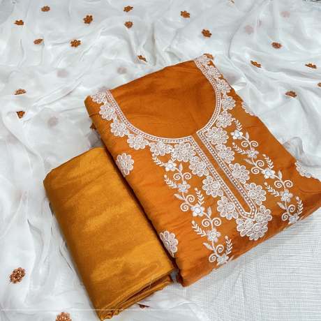 Unstitched Chanderi Orange Embroidered Worked Salwar Suit Material  