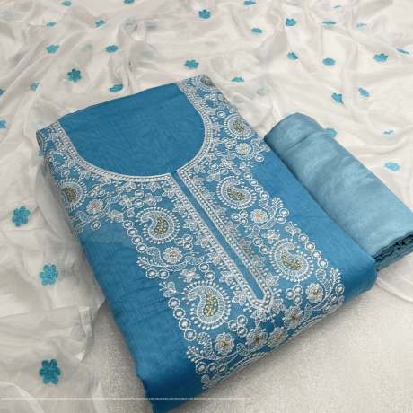 Unstitched Embroidery Worked Blue Suit Material   Cotton Dress