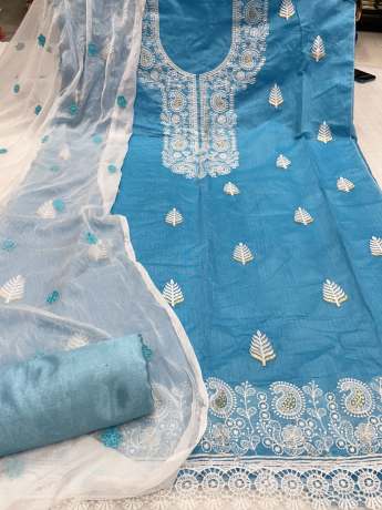 Unstitched Embroidery Worked Blue Suit Material   Cotton Dress