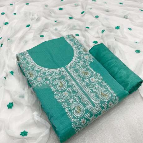 Unstitched Embroidery Worked C-Green Suit Material   Cotton Dress