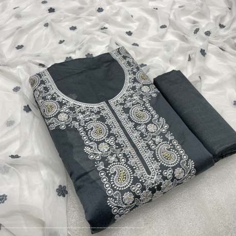 Unstitched Embroidery Worked Grey Suit Material   Cotton Dress