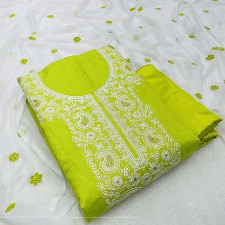 Unstitched Embroidery Worked Lime Green Suit Material   Cotton Dress