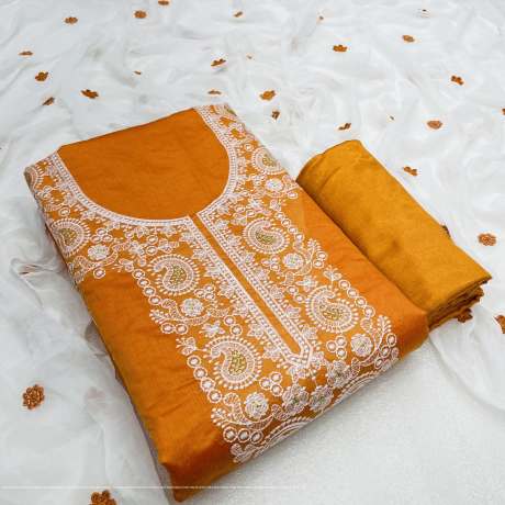 Unstitched Embroidery Worked Orange Suit Material   Cotton Dress