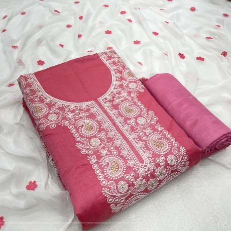 Unstitched Embroidery Worked Pink Suit Material   Cotton Dress