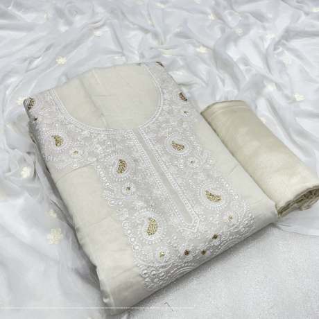 Unstitched Embroidery Worked White  Suit Material  