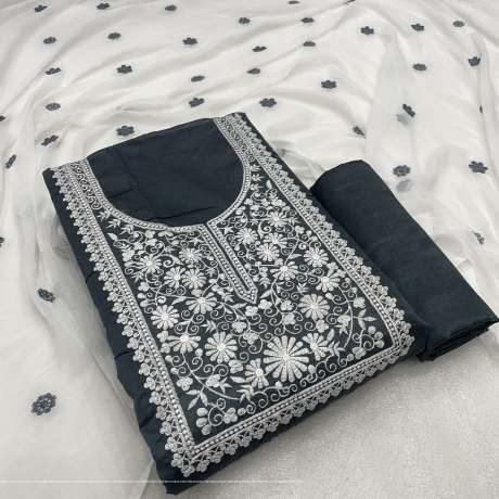 Unstitched Grey Embroidery Worked Dress Material   Cotton Dress