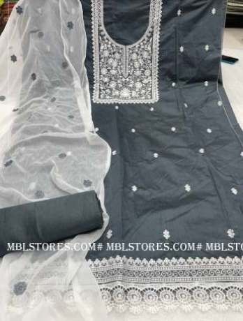 Unstitched Grey Embroidery Worked Dress Material   Cotton Dress