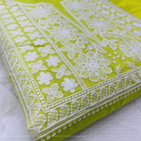 Unstitched  Lime Green Salwar Suit Material with heavy Embroidery work   Cotton Dress