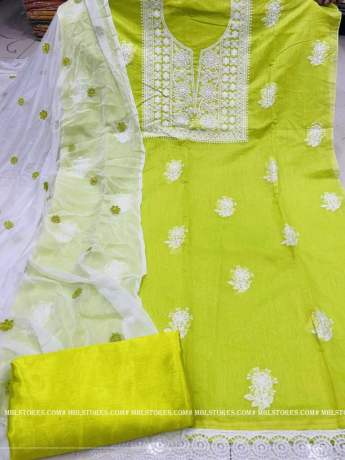 Unstitched  Lime Green Salwar Suit Material with heavy Embroidery work   Cotton Dress