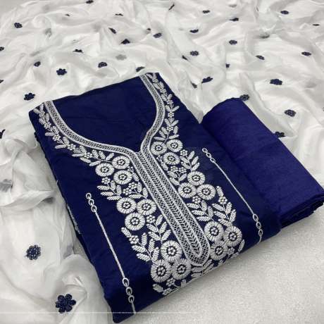 Unstitched Lining Embroidery Worked Navy Blue Suit Material  