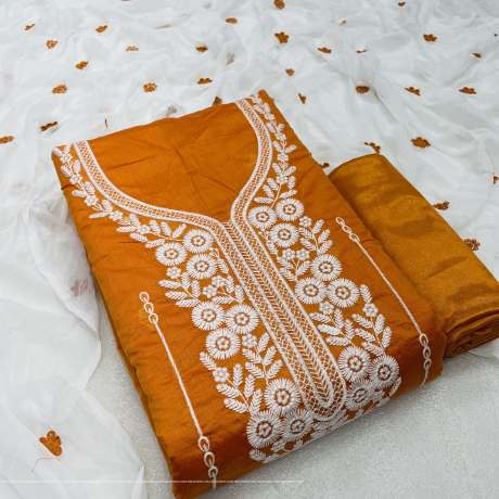 Unstitched Lining Embroidery Worked Orange Suit Material   Cotton Dress